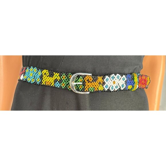 Vintage Artisan-Made Seed Beaded Belt Silver Buckle Red Cobalt Blue White Yellow main image 16